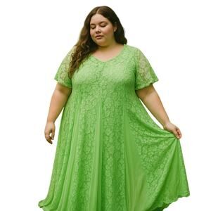 Vintage Green Lace Maxi Dress 20W plus Cottagecore Fairy Garden Witchy Romantic